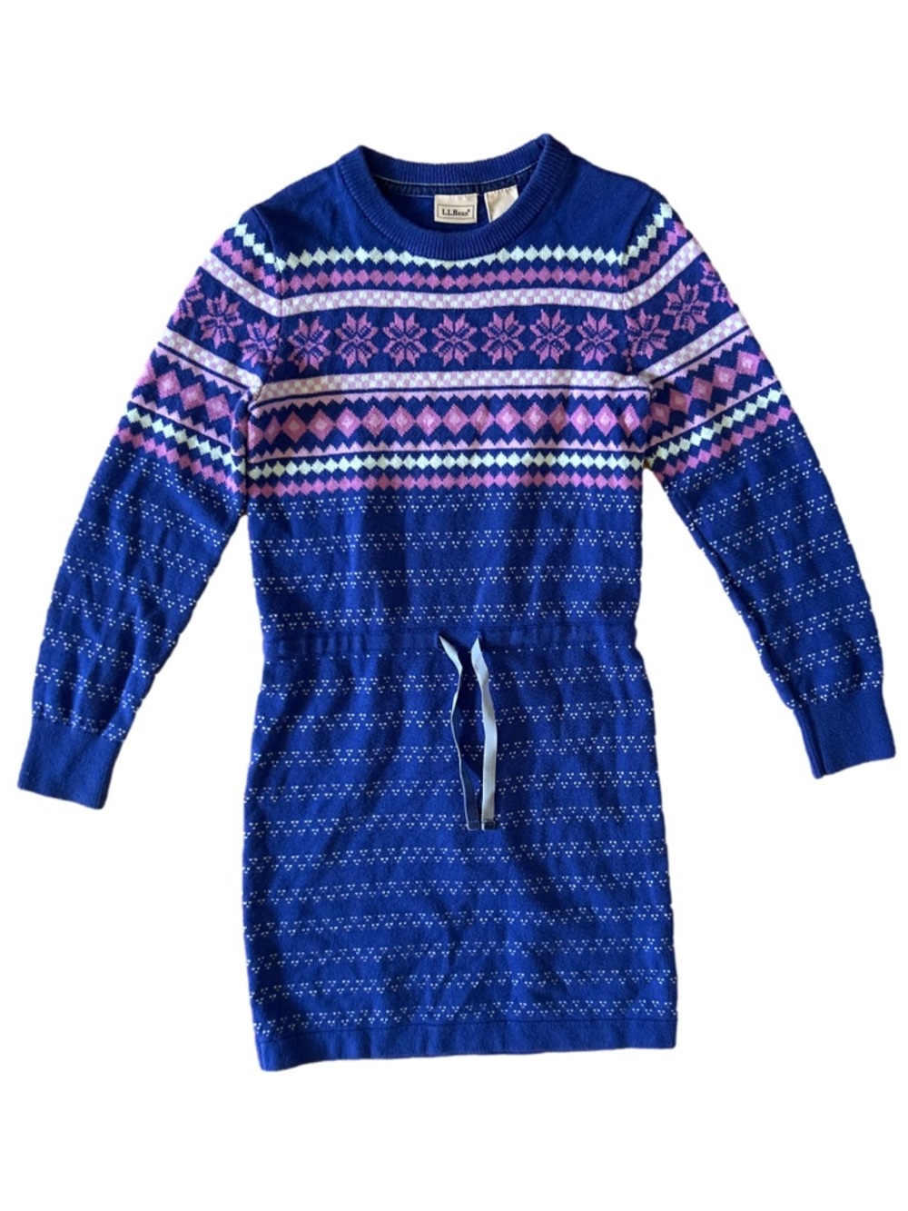 L.L. Bean Girls' Royal Blue Fair Isle Sweater Dress with Pink Accents 8